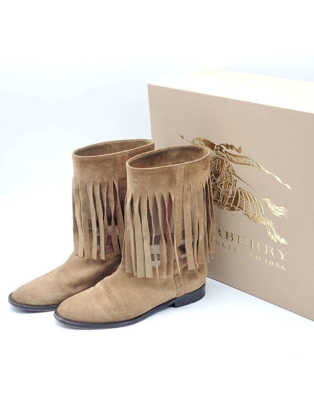 100% Authentic Burberry Light Brown Suede Norland Fringed Boots 260-652021